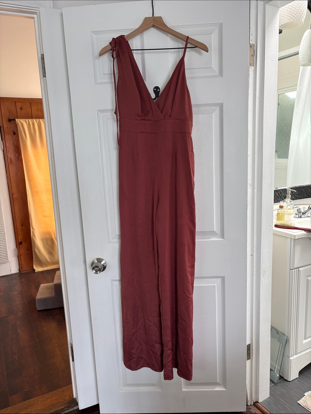 Lulu's Rust Red V-Neck Wide-Leg Jumpsuit with Tie Shoulder